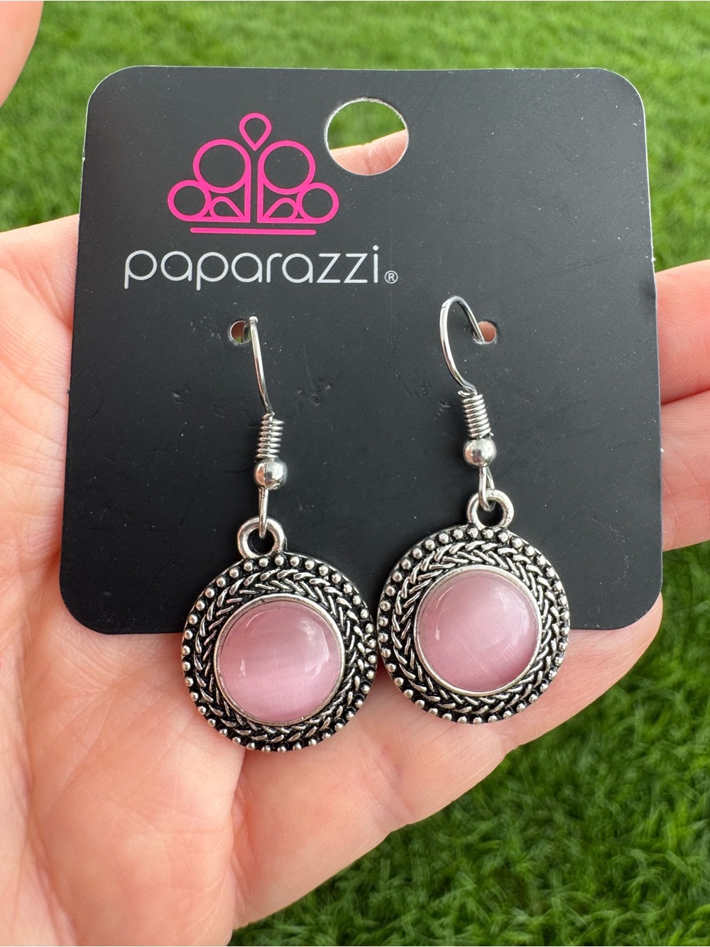 $12 or 3/$30! Paparazzi Silver-Tone Braided Frame Pink Cabochon Earrings